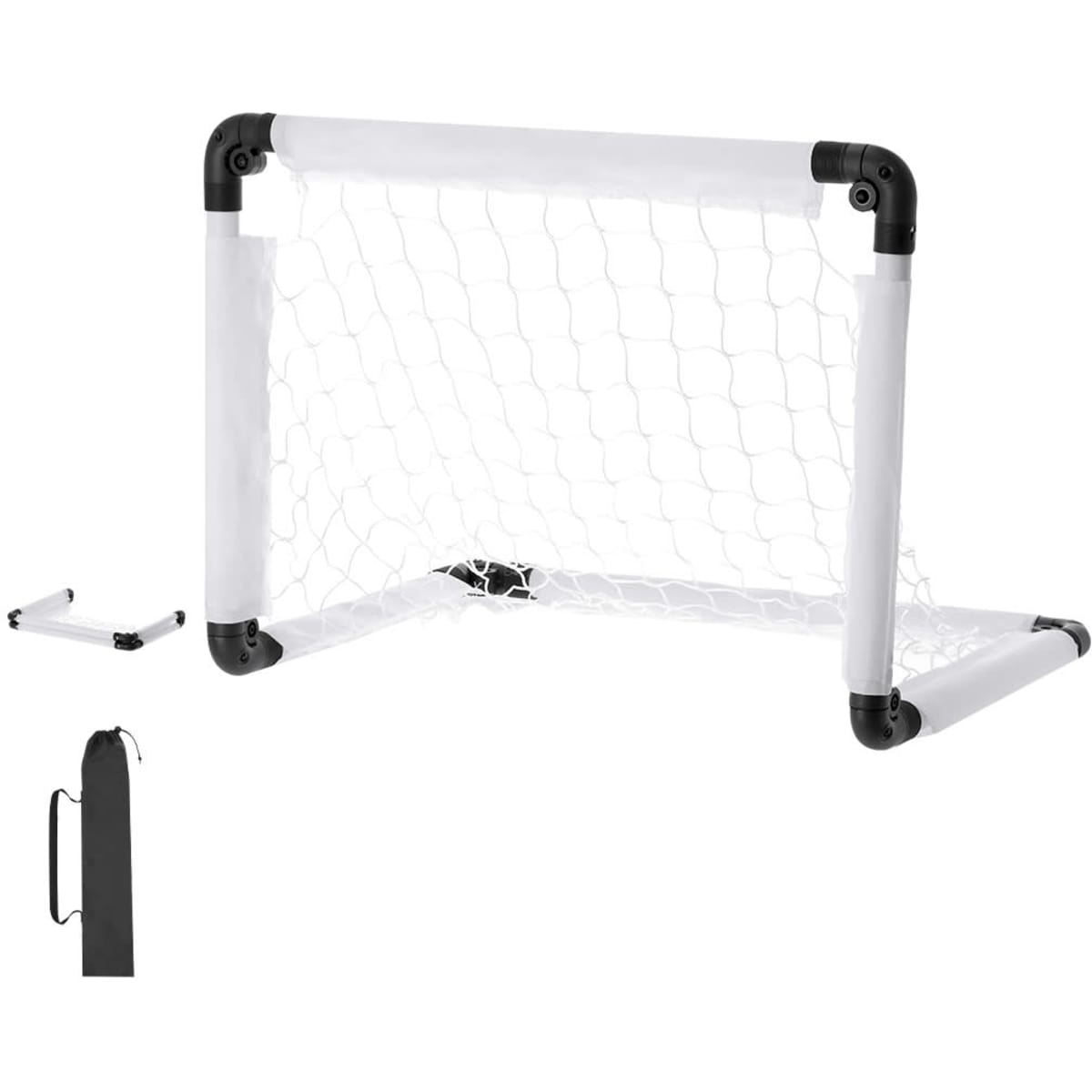 A portable soccer goal with a white net and black joints, alongside a carrying bag for easy transport.