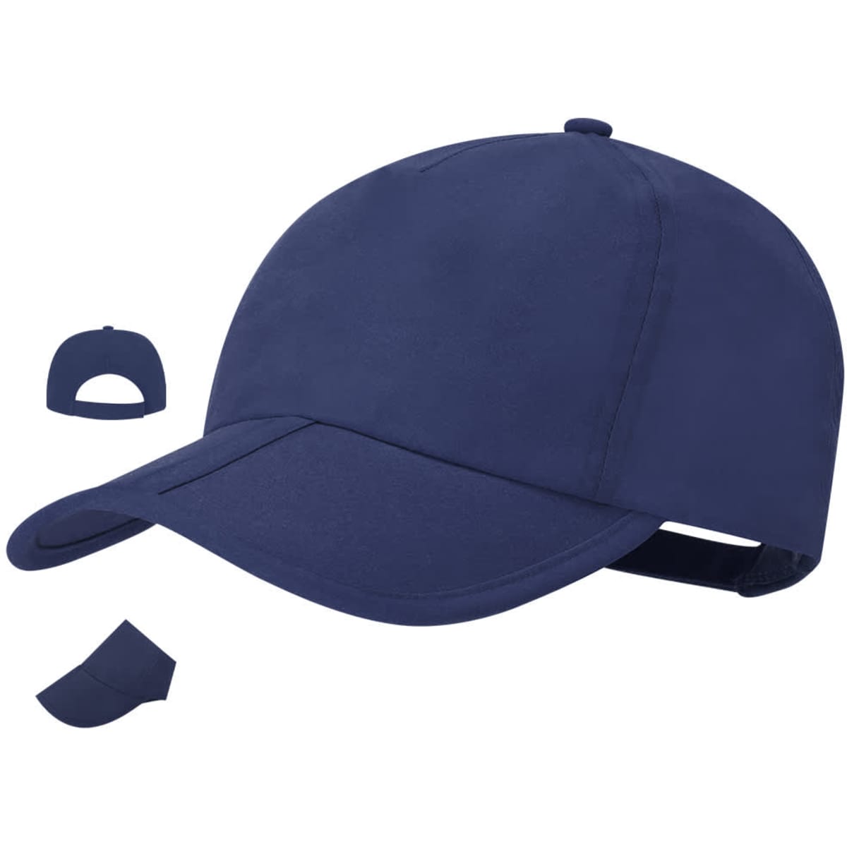 A navy blue cap with a curved brim and an adjustable strap, featuring a logo.