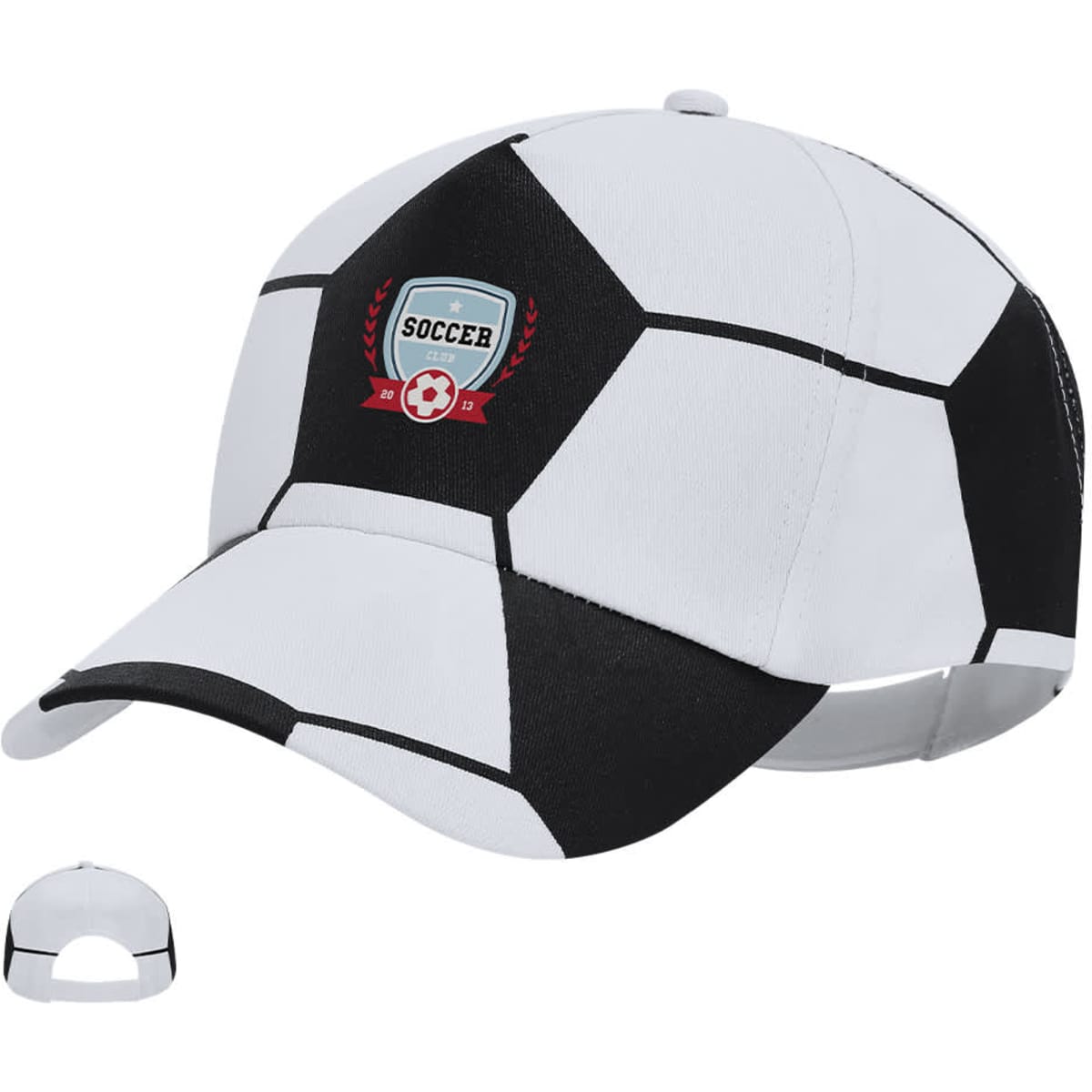 A white and black cap designed to resemble a soccer ball, featuring a logo on the front.