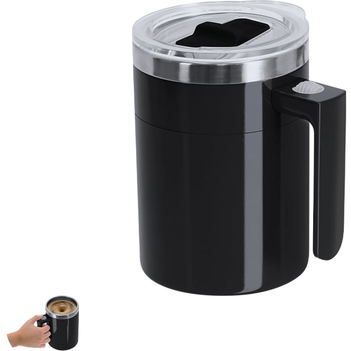 A black coffee mug with a silver lid and handle, featuring a logo. The mug has a sleek, modern design.