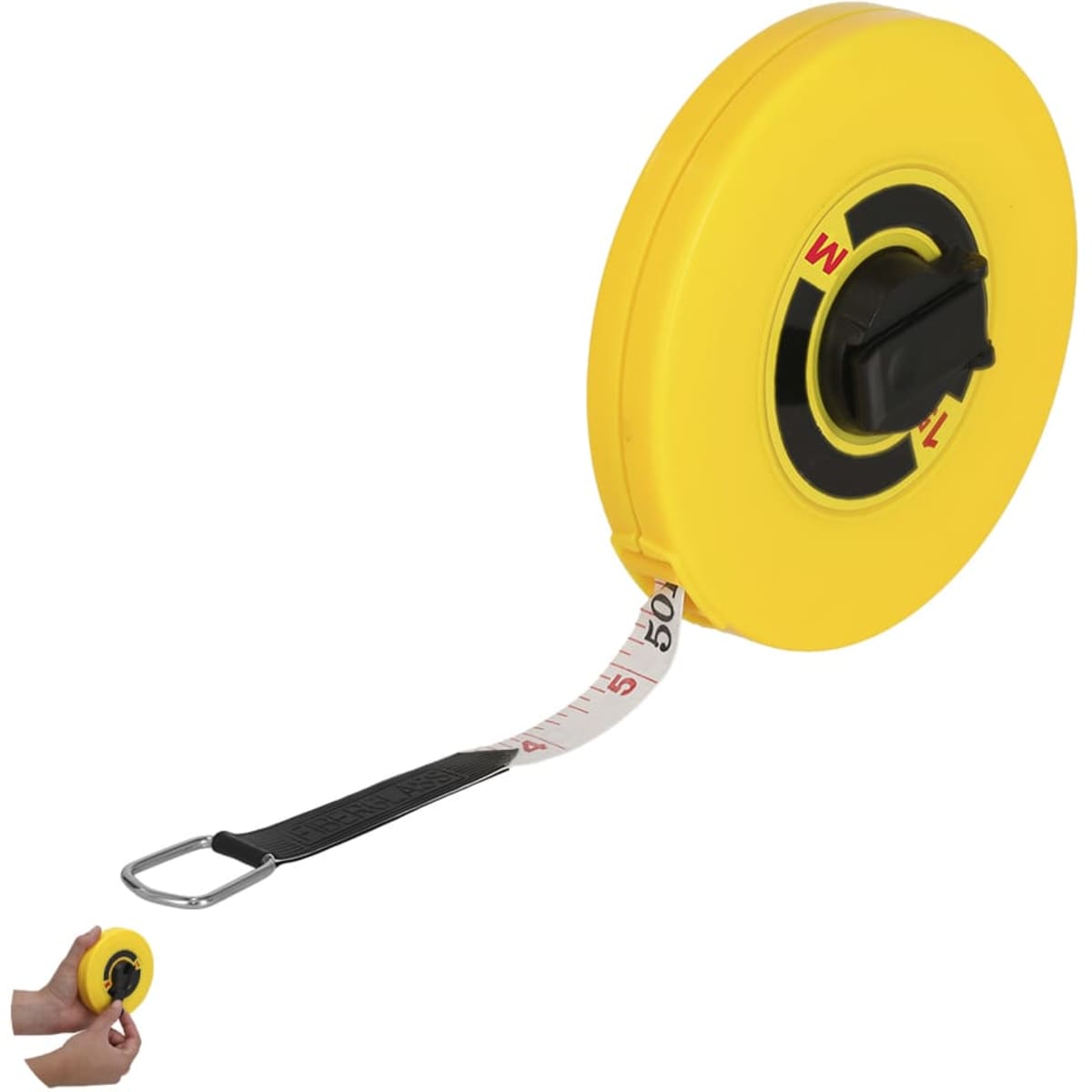 A yellow tape measure with a black logo, featuring a tape that extends to 15 metres.