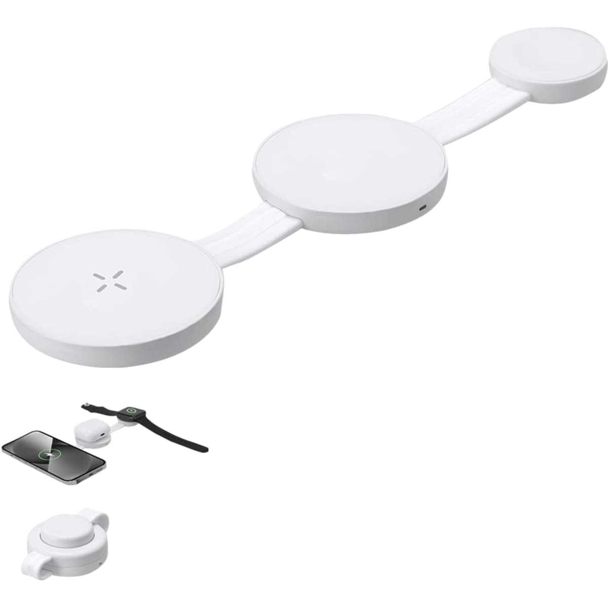 A white wireless charger with three charging pads, designed for a phone and a smartwatch. Features a branding logo.