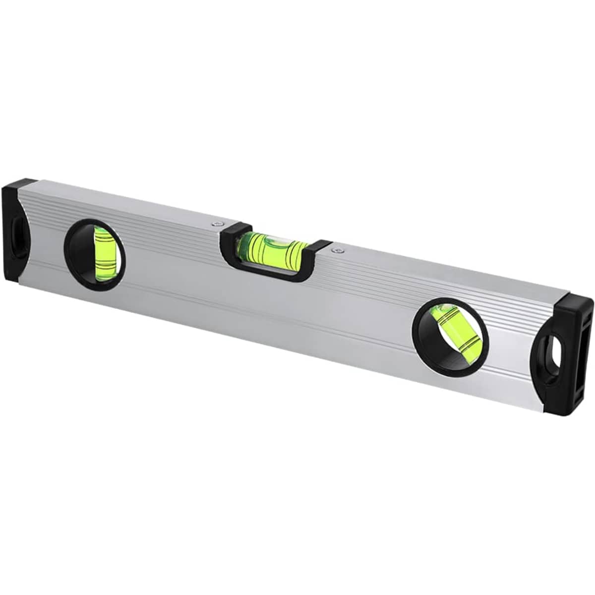 A silver spirit level featuring two bubble vials in green. It has black end caps and a branded logo.