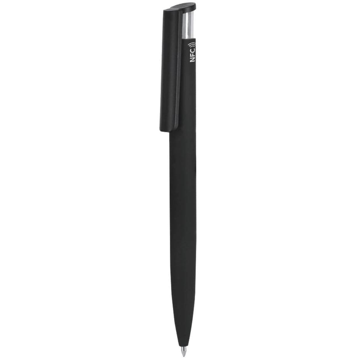 A black plastic pen with a sleek design and a clip, featuring a logo on its body.