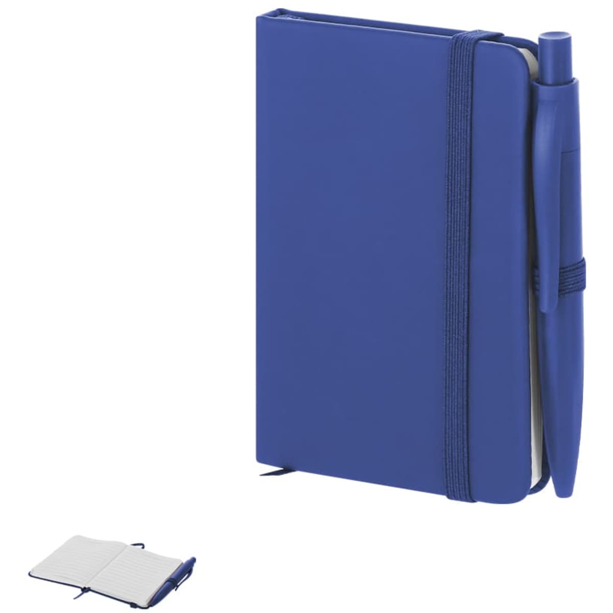 A blue notebook with an elastic band and a pen attached, featuring blank pages and a smooth cover.