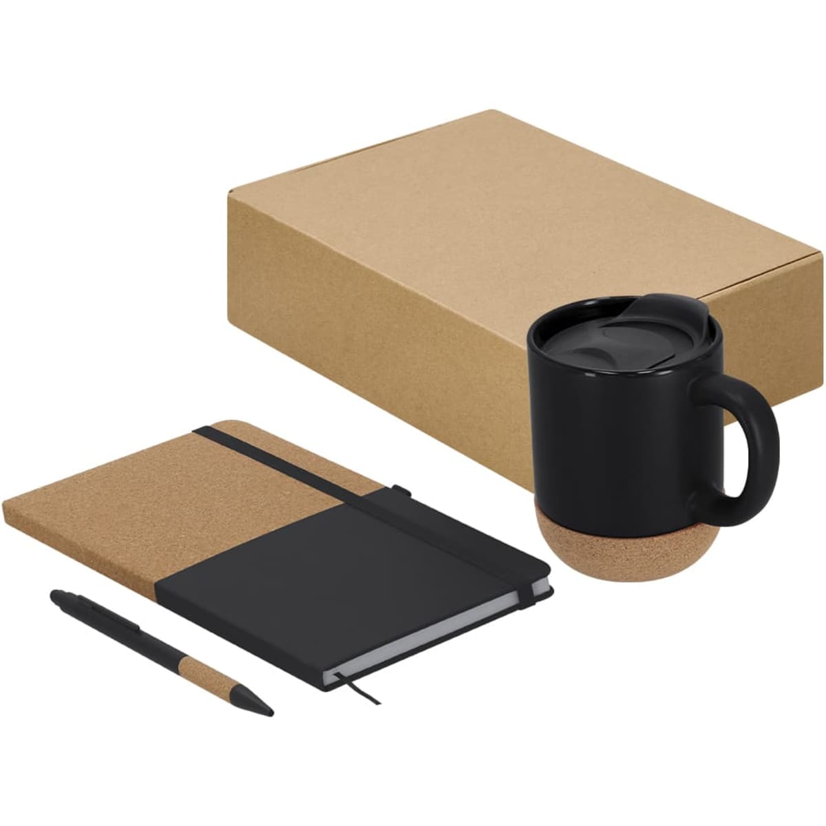 A black mug with a cork base, a black notebook, and a black pen, all in a cardboard gift box.