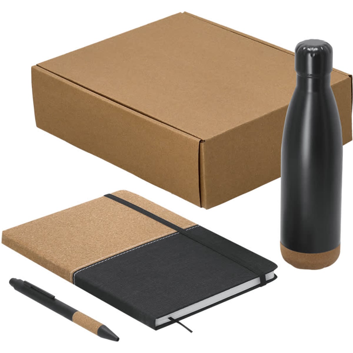 A black drink bottle, a black and cork notebook, and a black pen in a brown gift box.