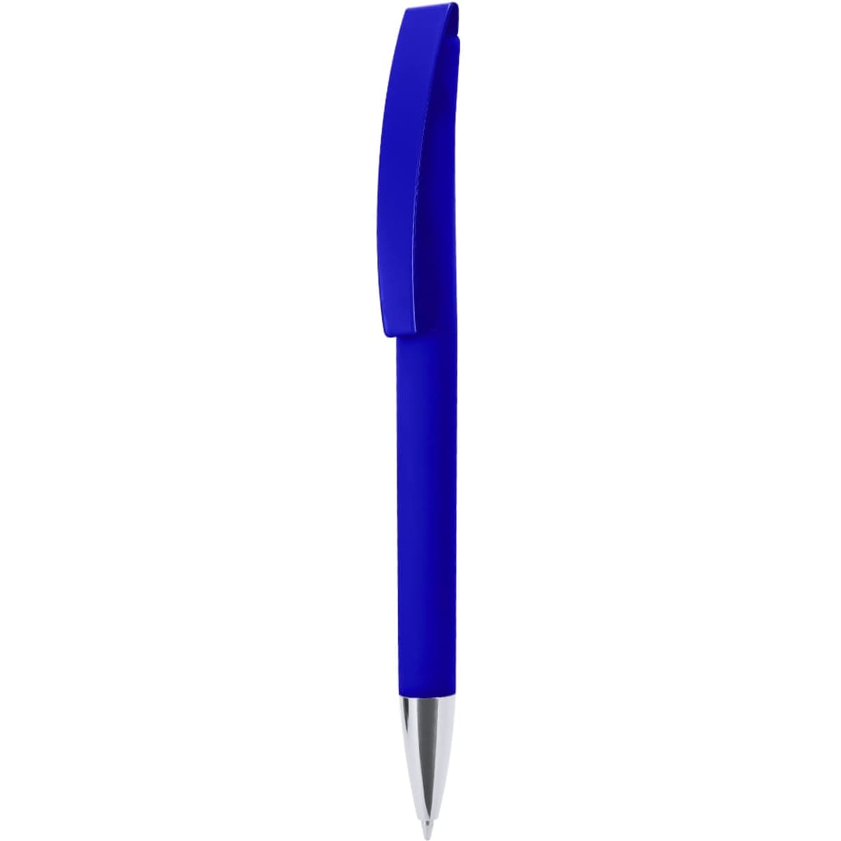 A blue metal pen with a sleek design and a shiny silver tip, featuring a branding logo.