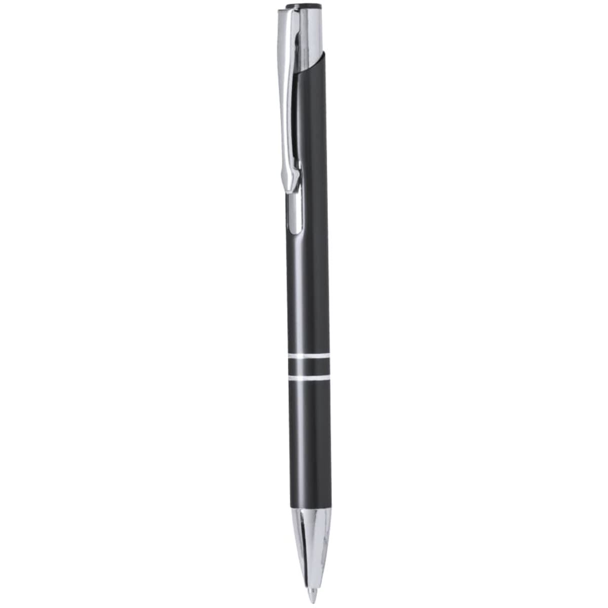 A black metal pen with chrome accents and a sleek design. It features a clip and a logo.
