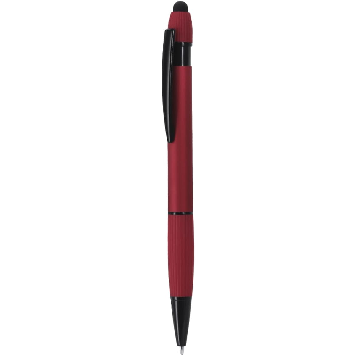 A red ballpoint pen with a black clip and tip, featuring a stylus on one end and branding.