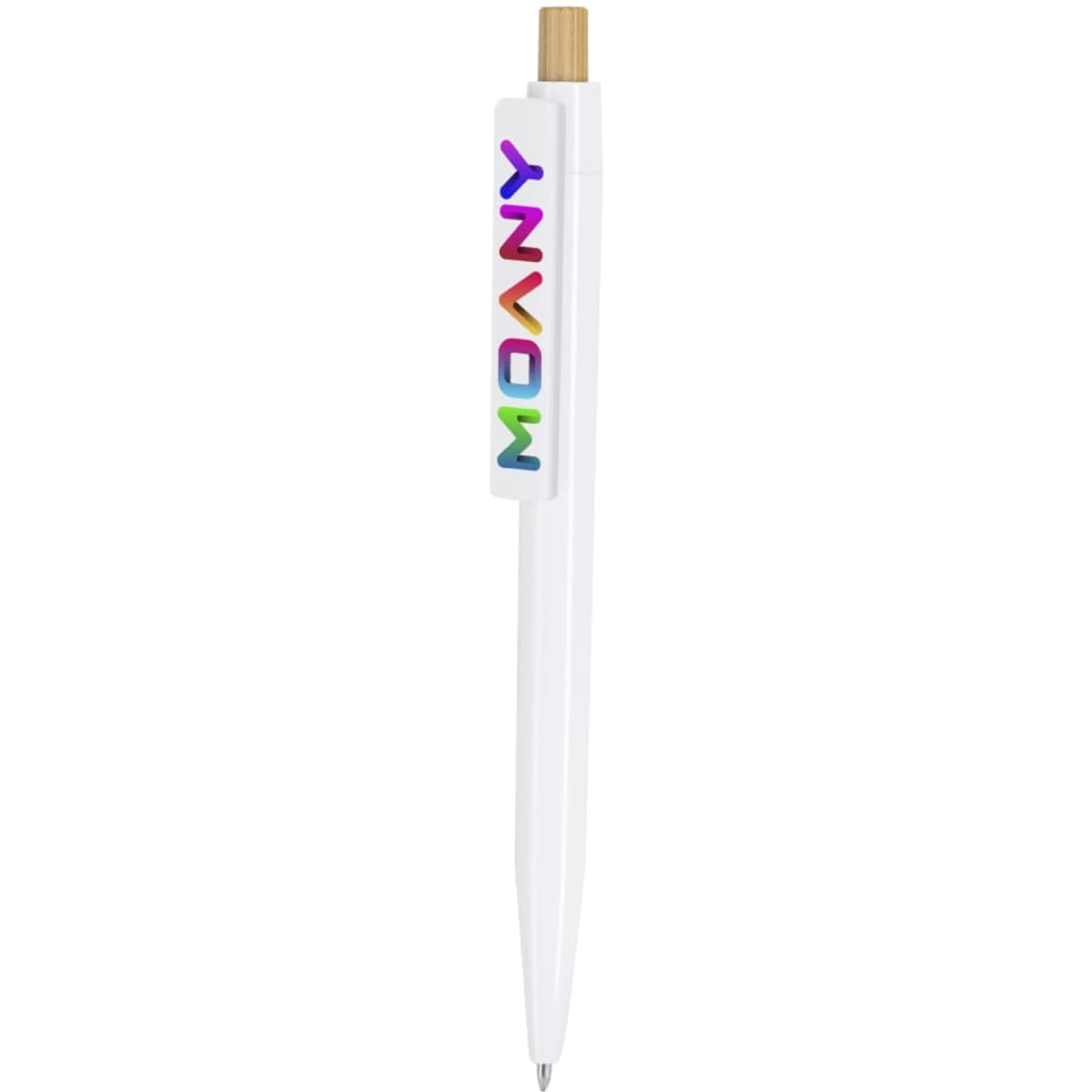 A wooden pen in white with a colourful logo on the side and a gold tip.