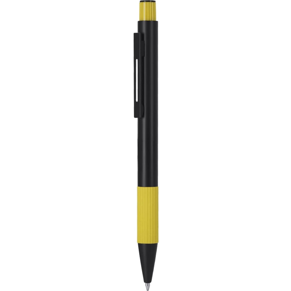 A black and yellow metal pen featuring a textured grip and clip, with a logo visible on the barrel.