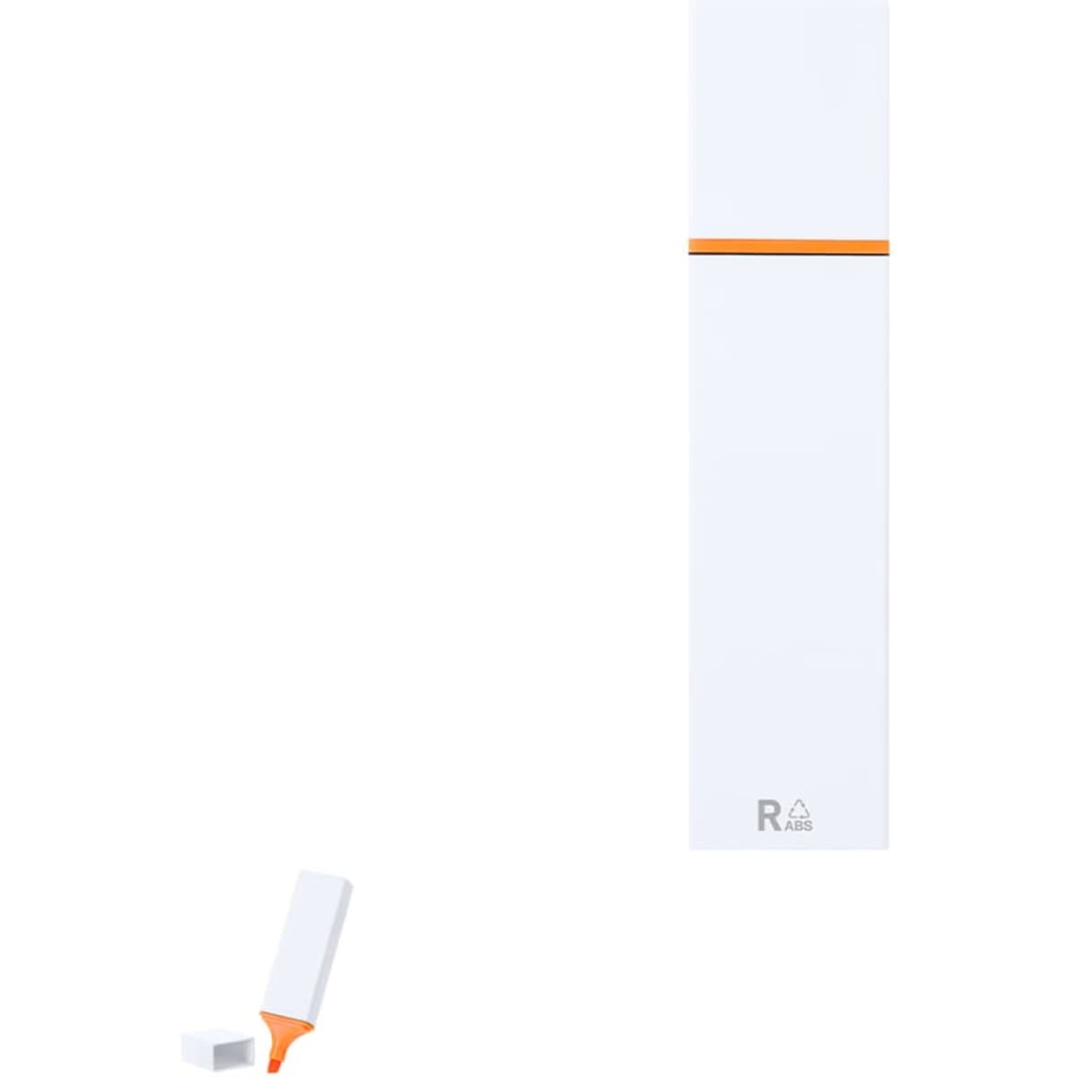 A white highlighter with an orange tip, featuring a branding logo on its body.