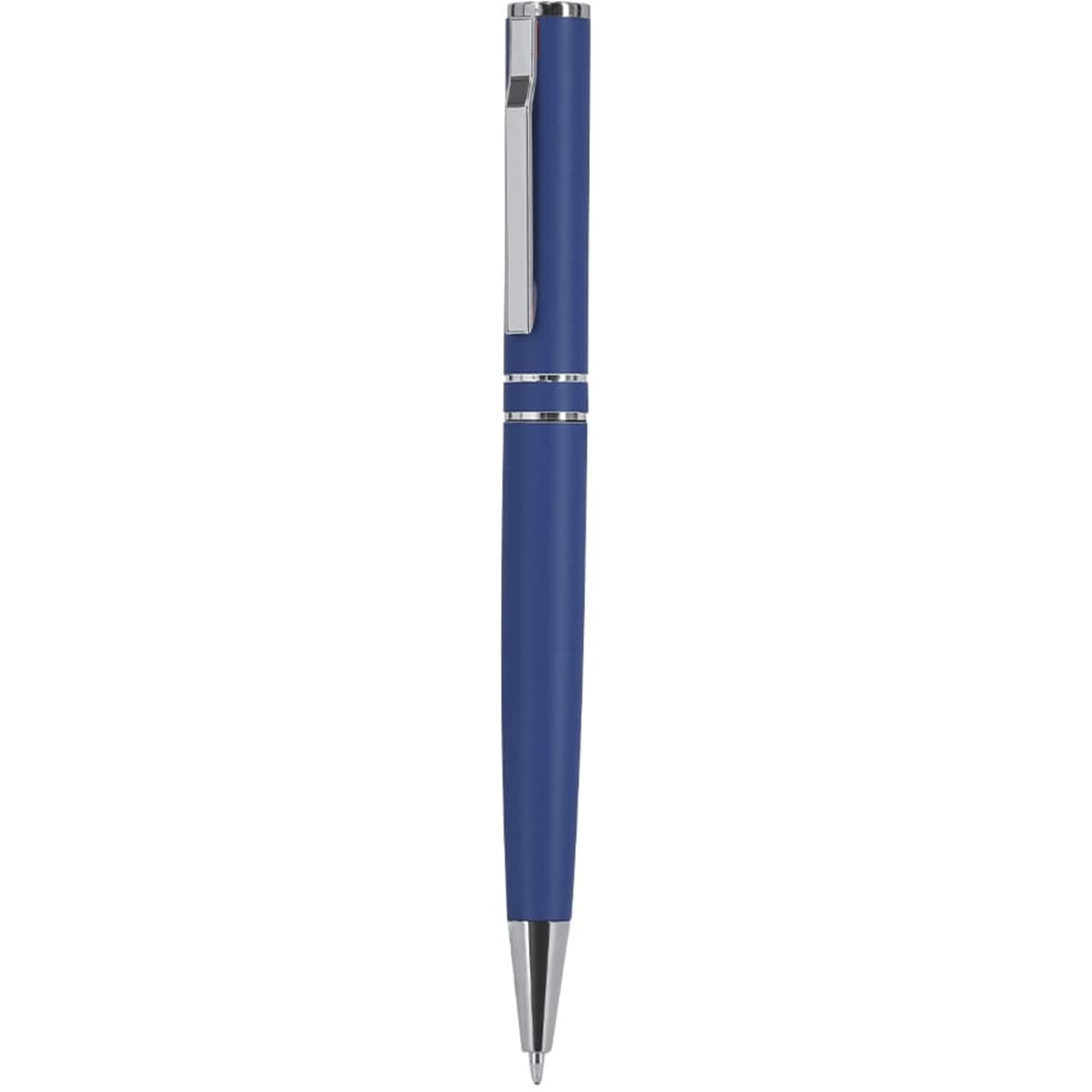 A blue metal pen with silver accents, featuring a clip and a smooth writing tip.