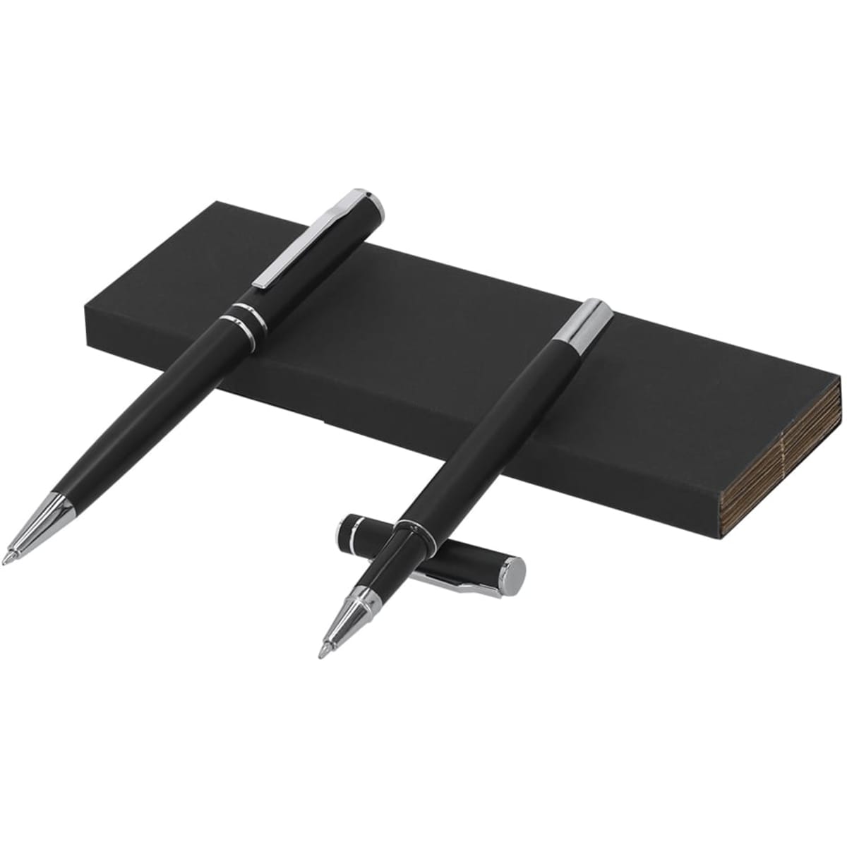 A metal pen gift set featuring two black pens with silver accents, presented on a black base.