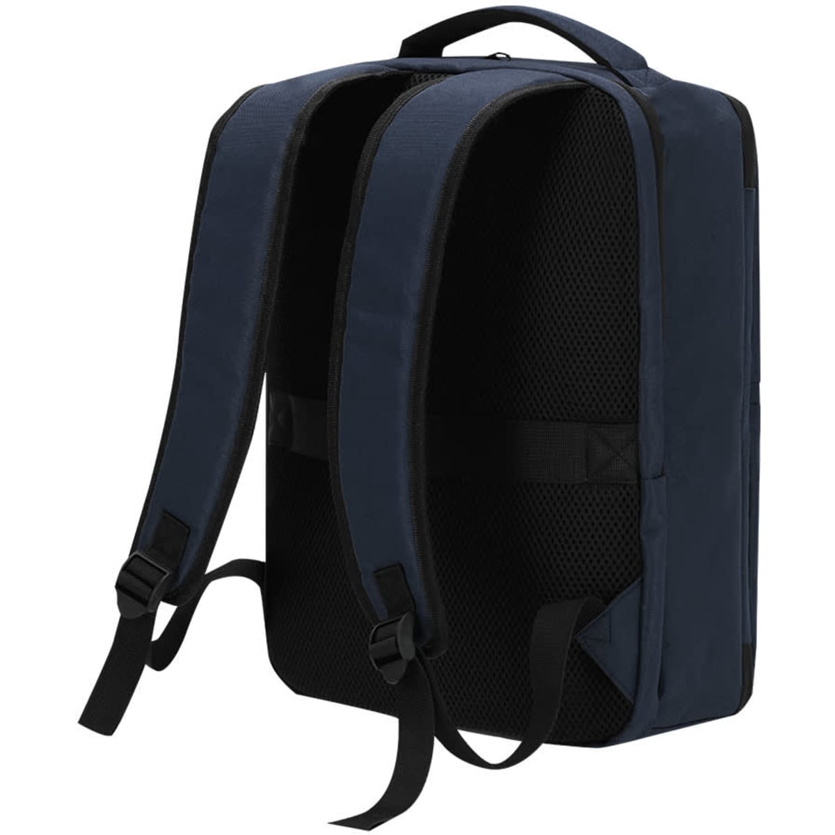 A navy blue backpack with padded straps and a mesh back for comfort. It features a brand logo.