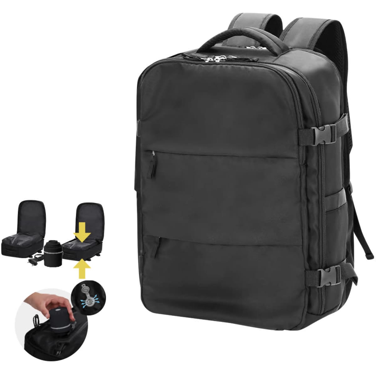 A black vacuum backpack with multiple compartments and adjustable straps, featuring a logo on the front.