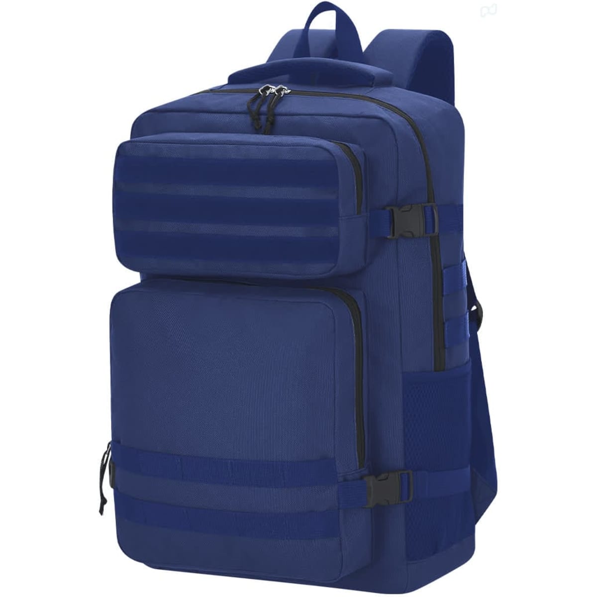 A navy blue backpack with multiple compartments and straps, featuring a logo on the front.