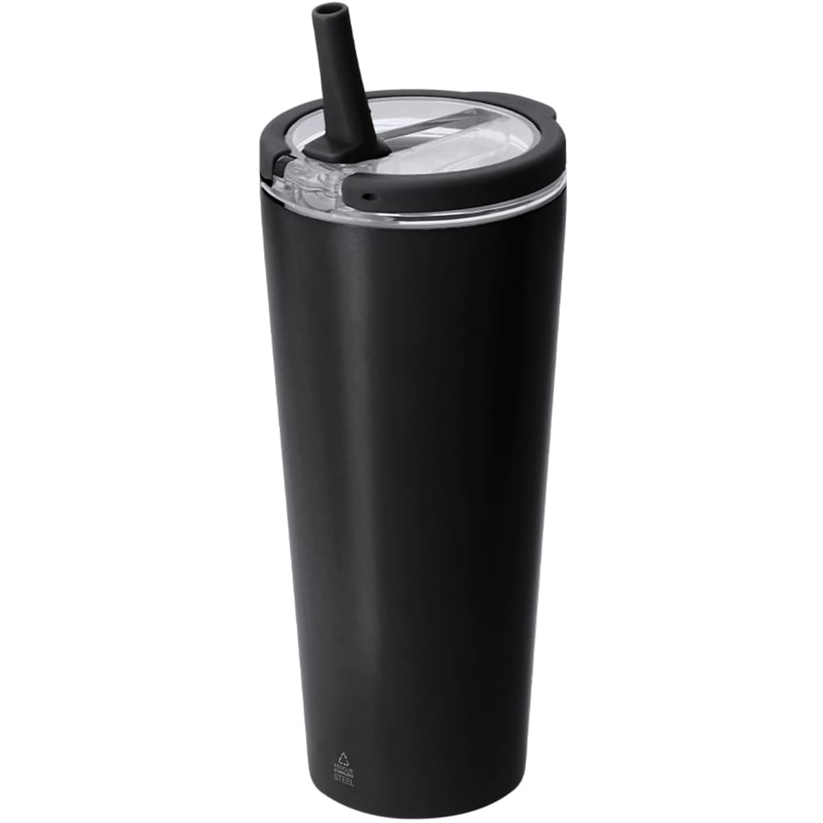 A drink bottle with a sleek black design, featuring a straw and a clear lid. It includes a logo on the side.