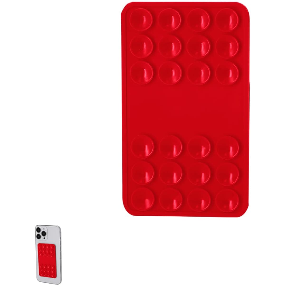 A red phone stand featuring a textured surface with raised dots, designed for smartphones. Includes branding.