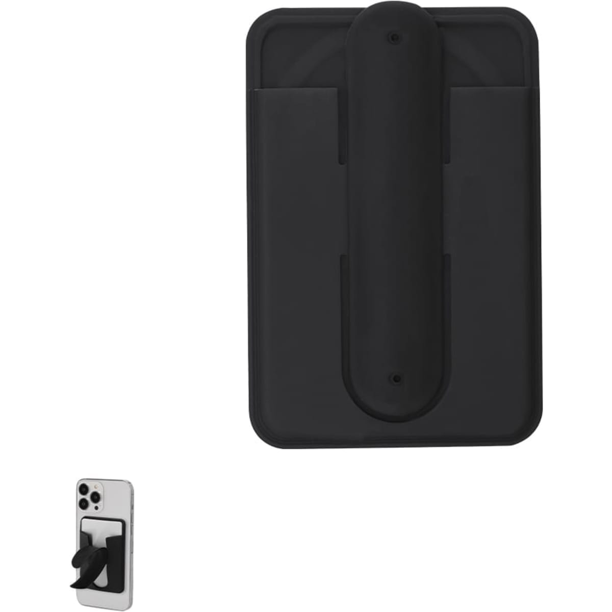 A black phone stand with a textured surface and a rear grip, designed for secure placement of devices.