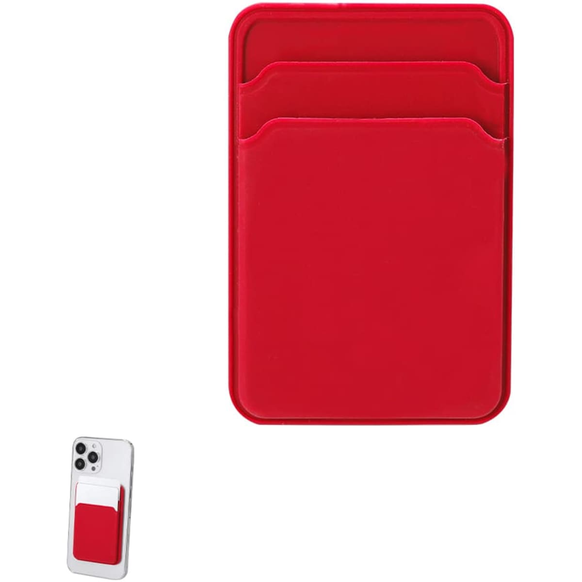 A red phone wallet featuring two slots for cards, with an attached section for a mobile device.