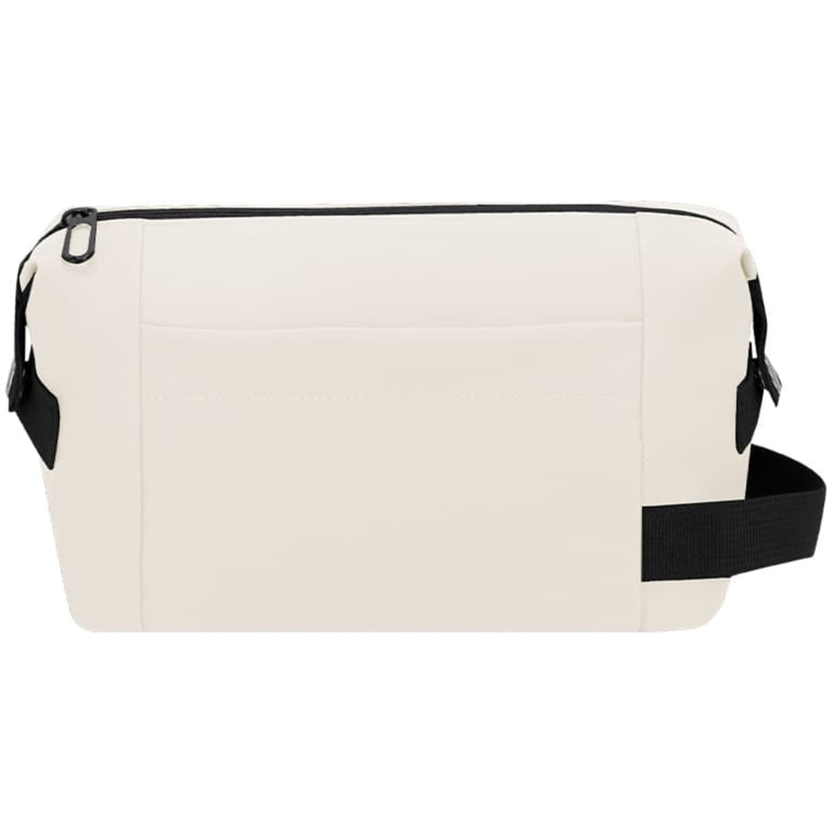 A toiletry bag in cream with a black strap and zip closure, featuring a simple, sleek design.