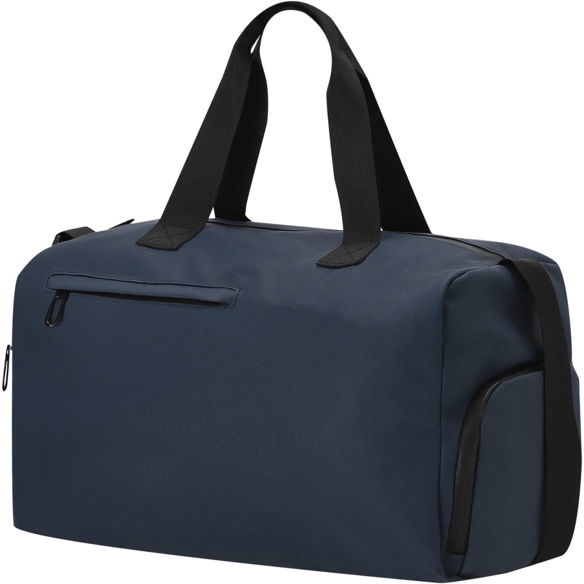 A navy duffle bag with black handles and a zippered pocket, featuring a logo on the side.