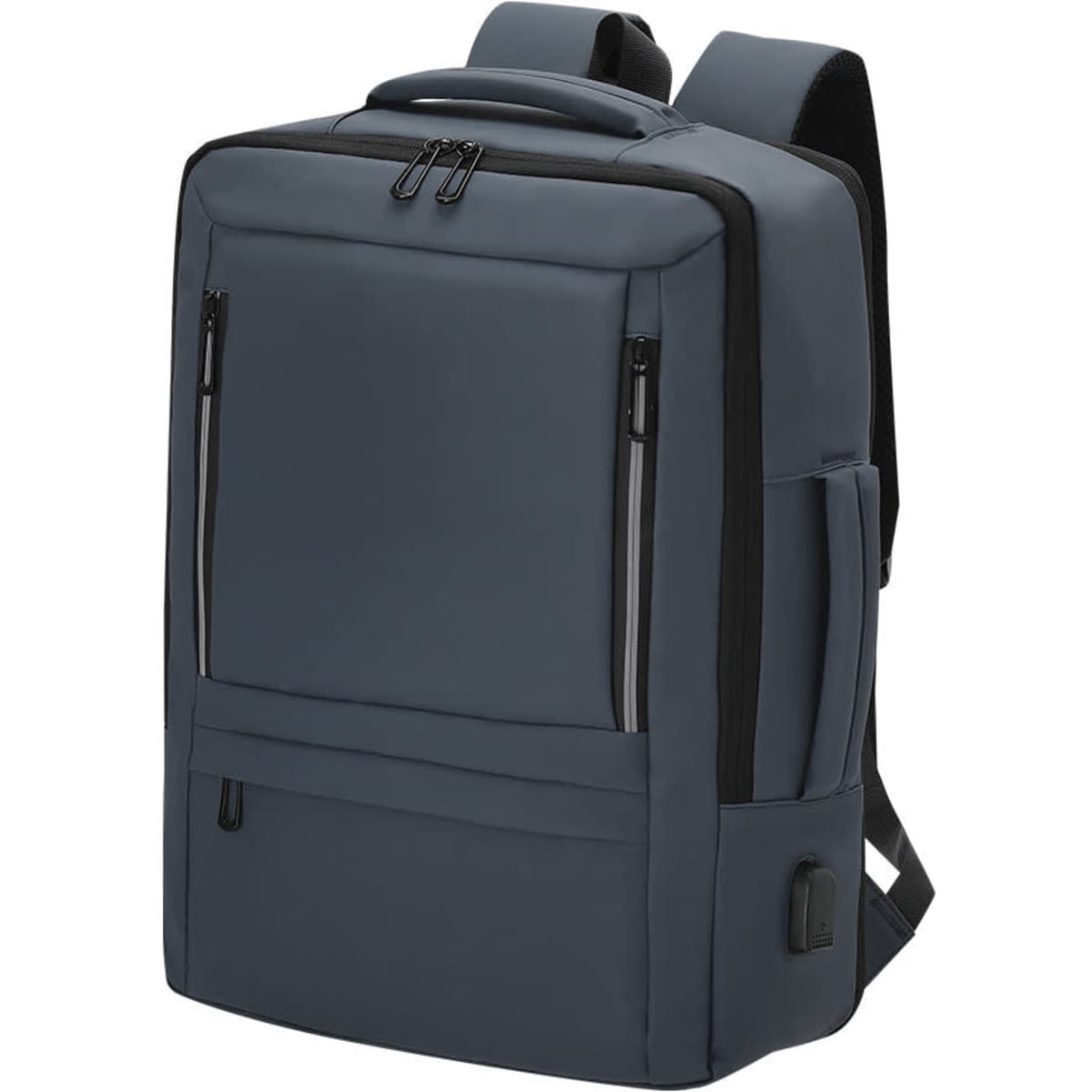A navy blue backpack with multiple zippered compartments and padded shoulder straps. It has a logo on the front.
