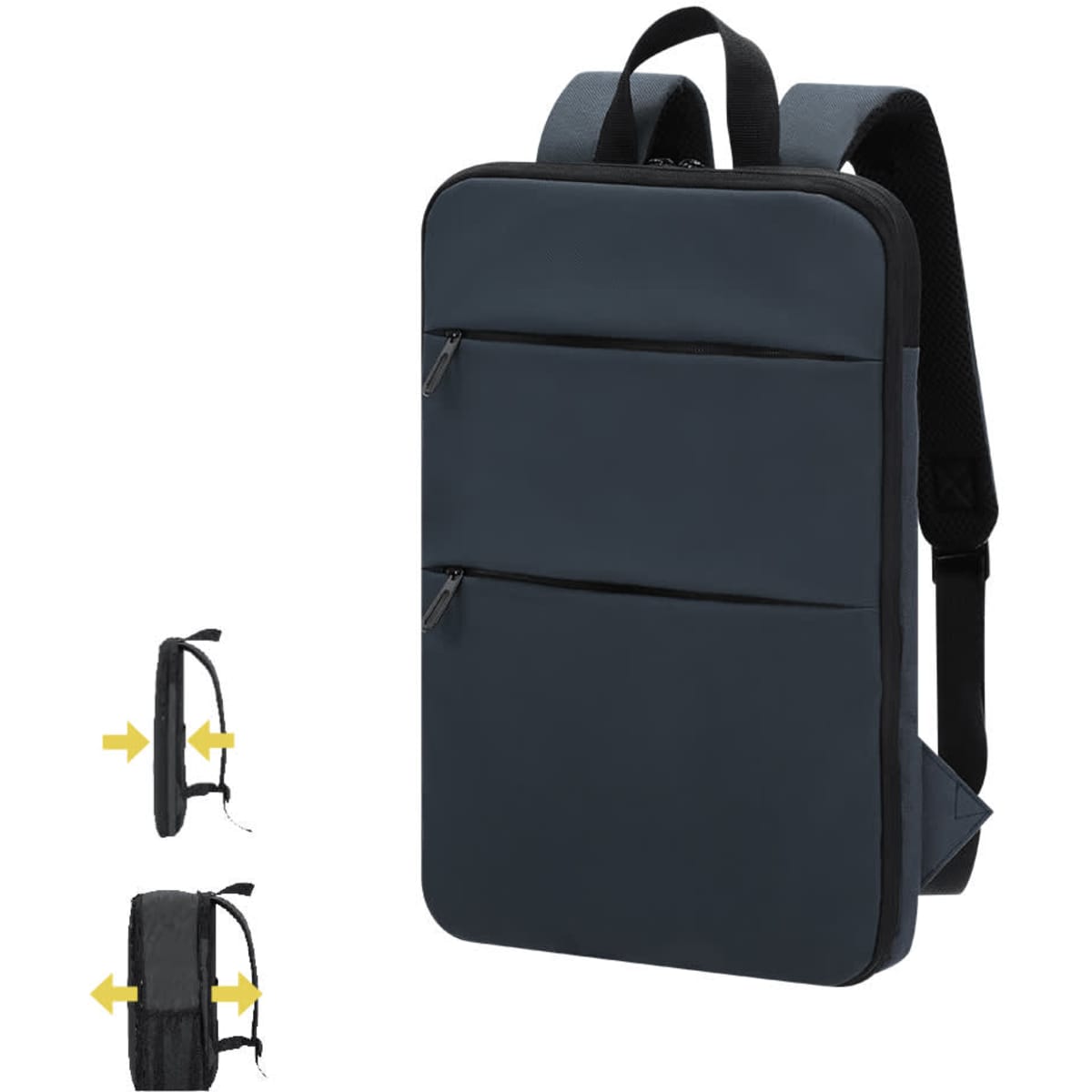 A navy blue backpack with two front zippers, featuring adjustable straps and a sleek design. It has a logo.