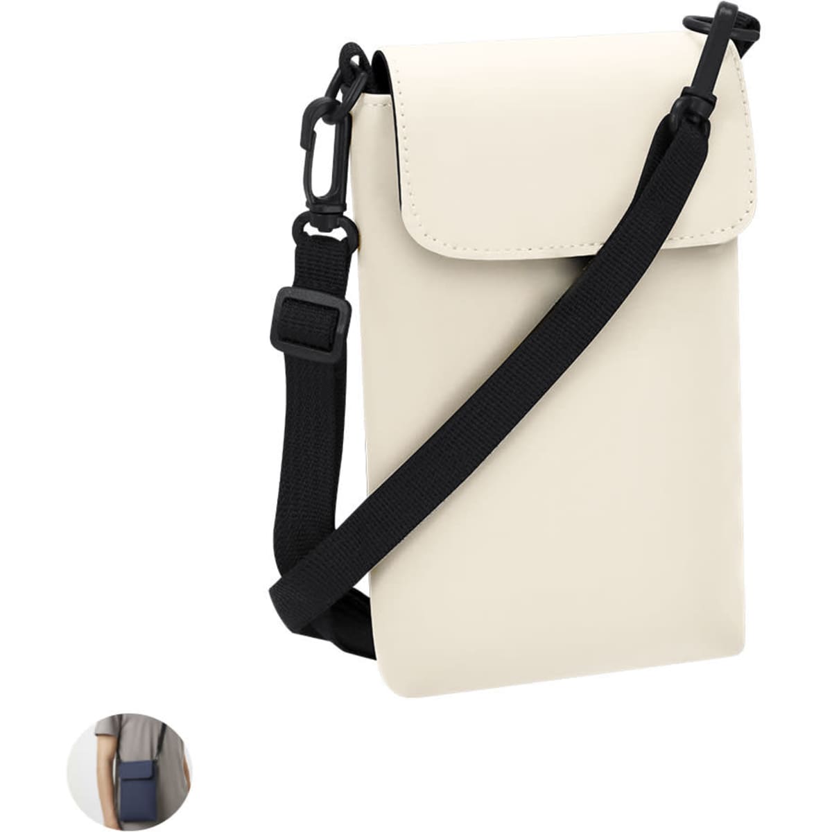 A cream-coloured pencil case with a flap closure and adjustable black strap, featuring a branding logo.
