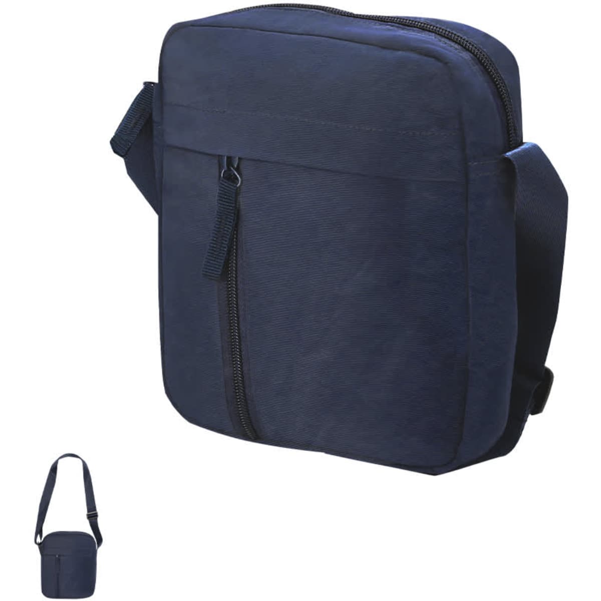 A navy bag with a zipper closure and an adjustable shoulder strap, featuring a front pocket.