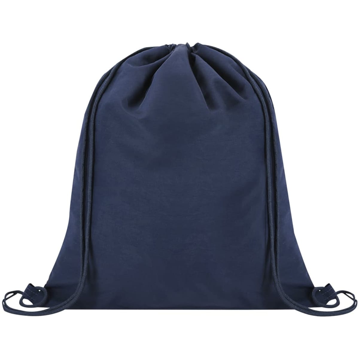 A navy drawstring bag with a simple design and matching drawstrings, featuring a logo.