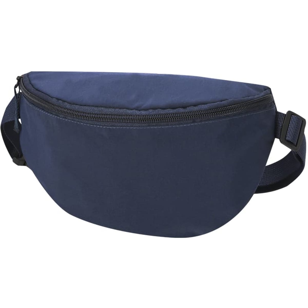 A navy bum bag with a smooth, rounded design and a zip closure. It features an adjustable strap and a logo.