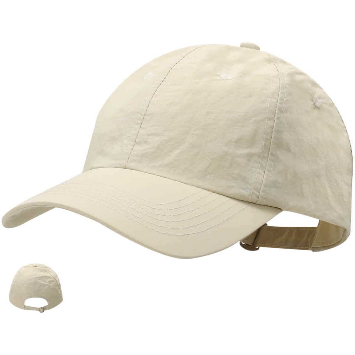 A beige cap with a curved peak and an adjustable strap at the back, featuring a logo.