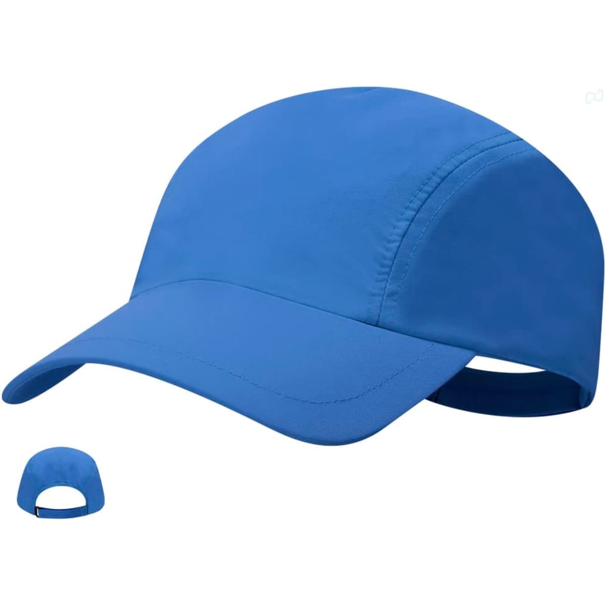 A blue cap displayed from two angles, featuring a curved brim and a logo on the front.
