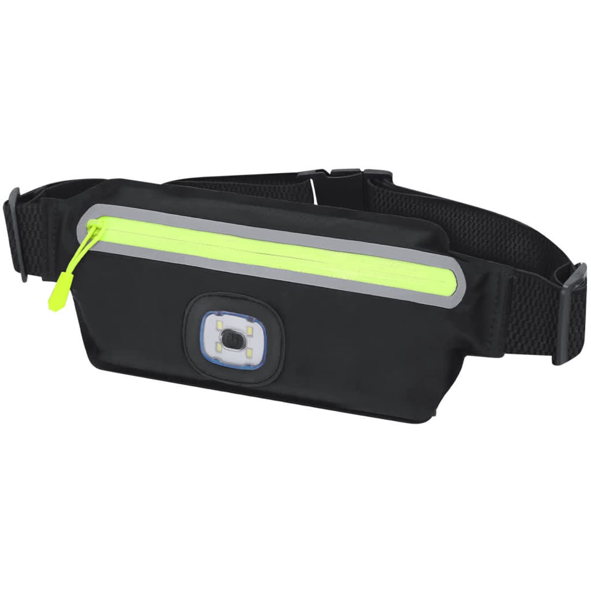 A black bum bag with a reflective yellow strip and a front zip pocket, featuring a logo on the front.