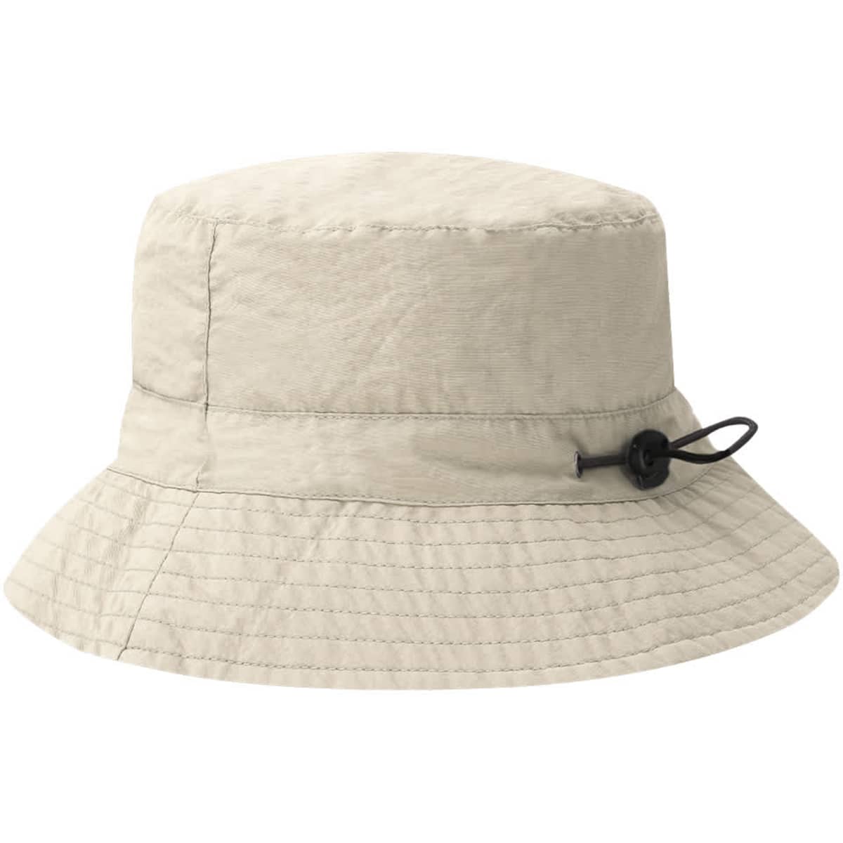 A light beige bucket hat with a wide brim and an adjustable toggle on the side. Features a logo.