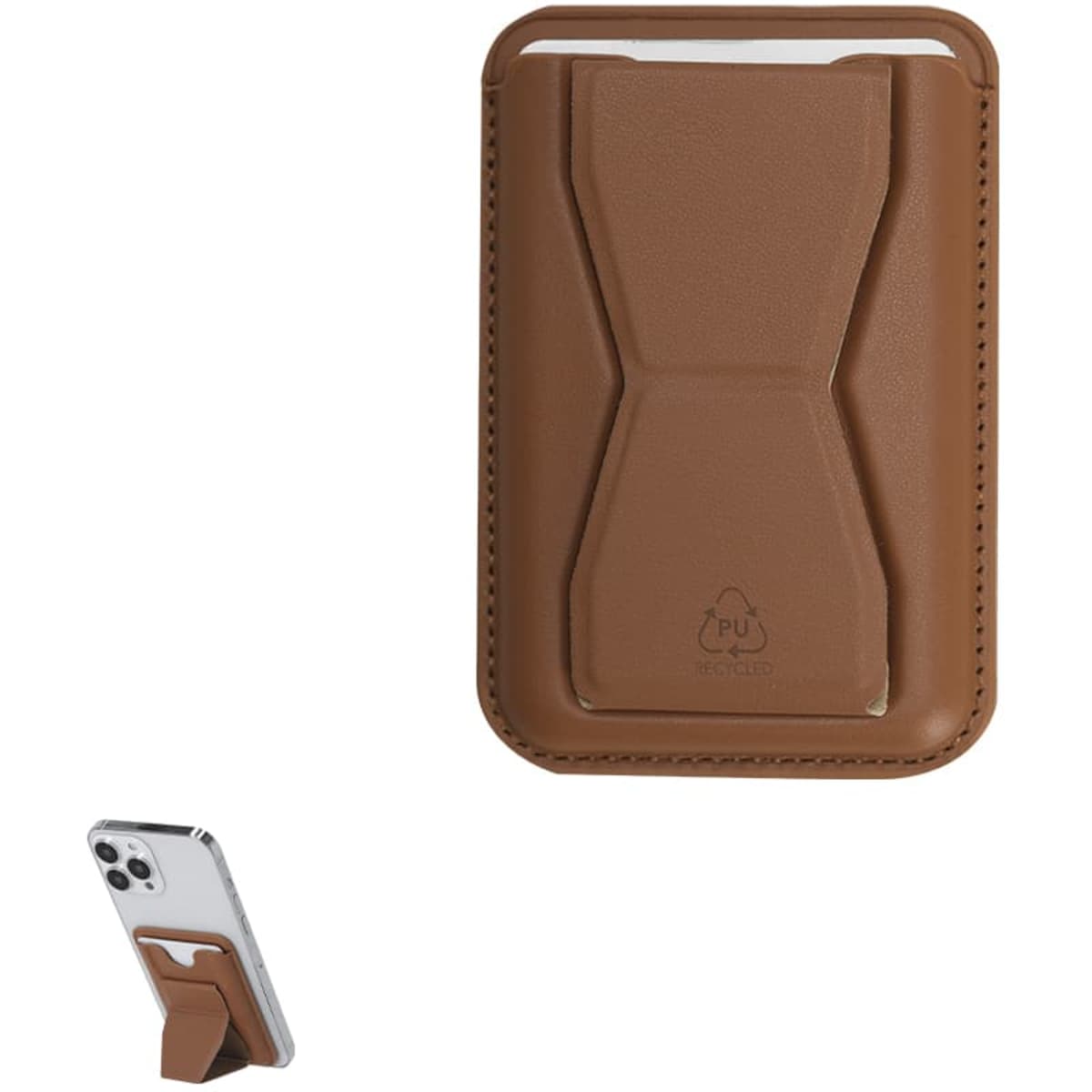 A brown business card holder with a textured pattern, featuring a logo and a slot for cards, designed to attach to a phone.