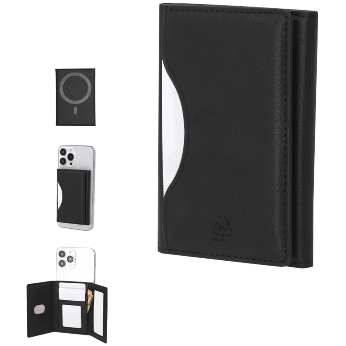 A black business card holder with a sleek design, featuring a transparent pocket and logo. Suitable for professional use.