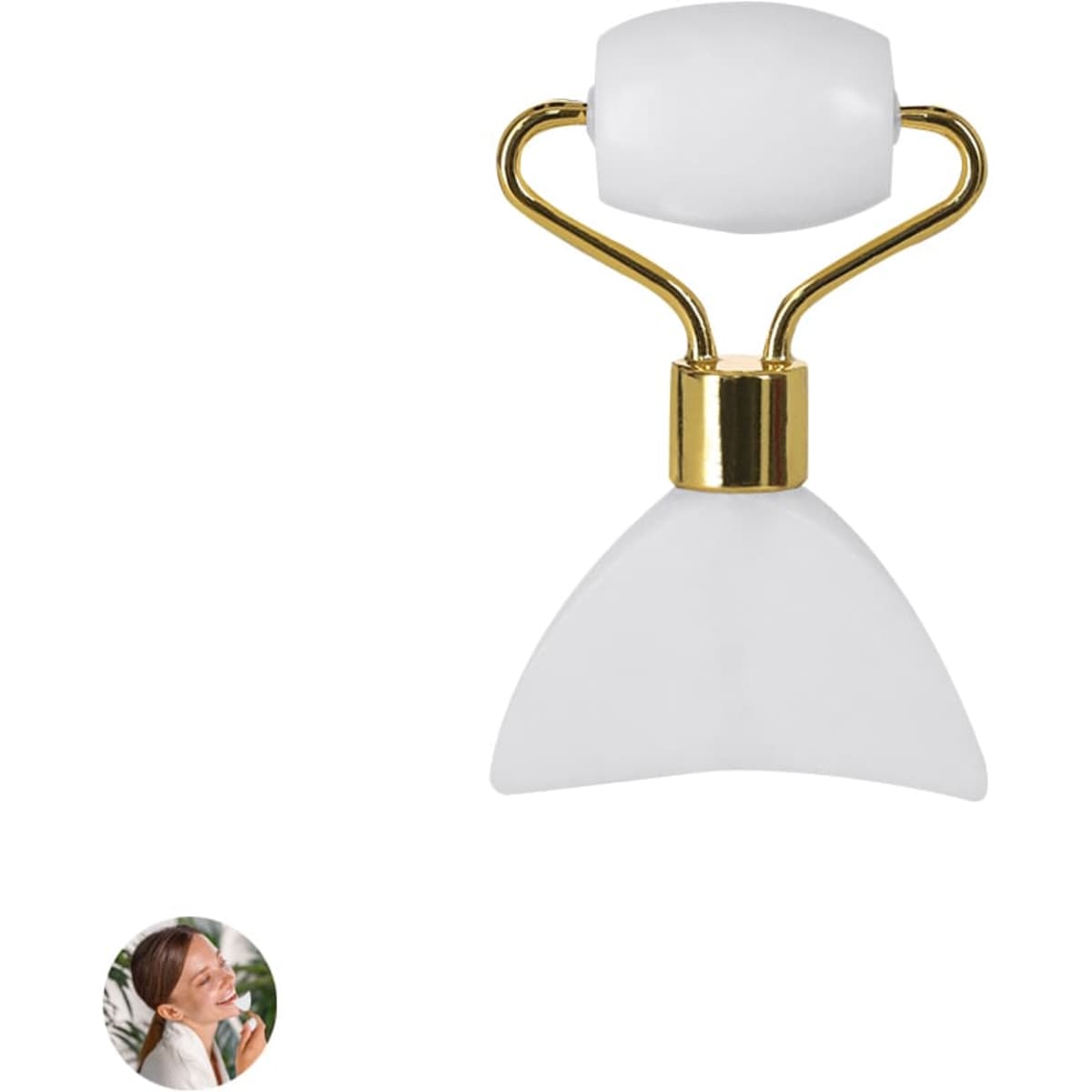 A facial massage tool with a white and gold design, featuring a rounded top and a triangular bottom for skincare.