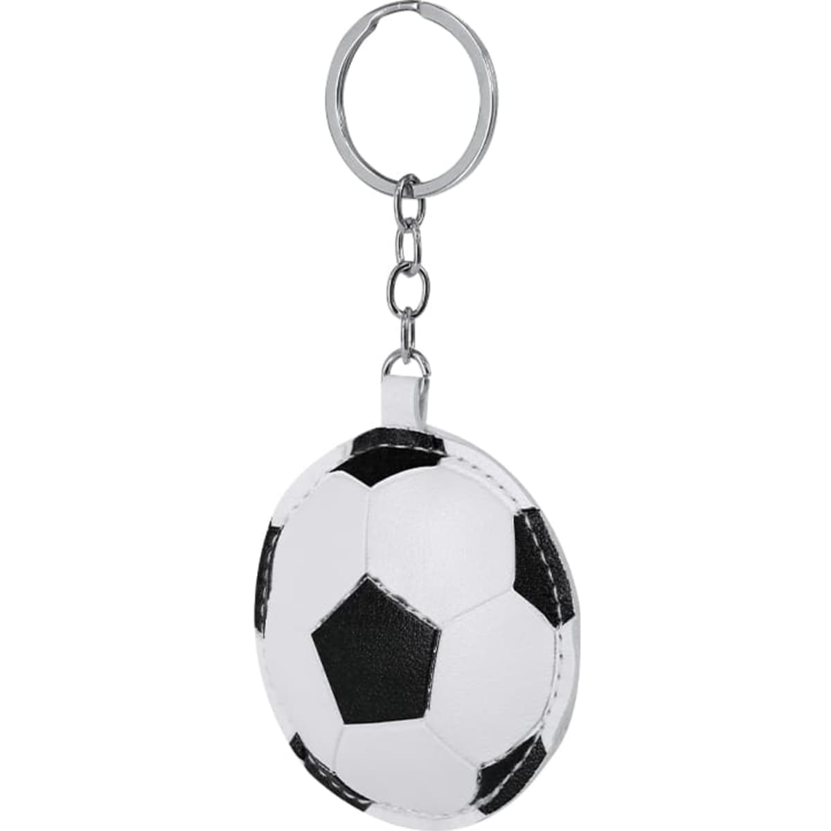 A black and white soccer ball keyring attached to a metal keyring chain. It has a smooth, textured finish.