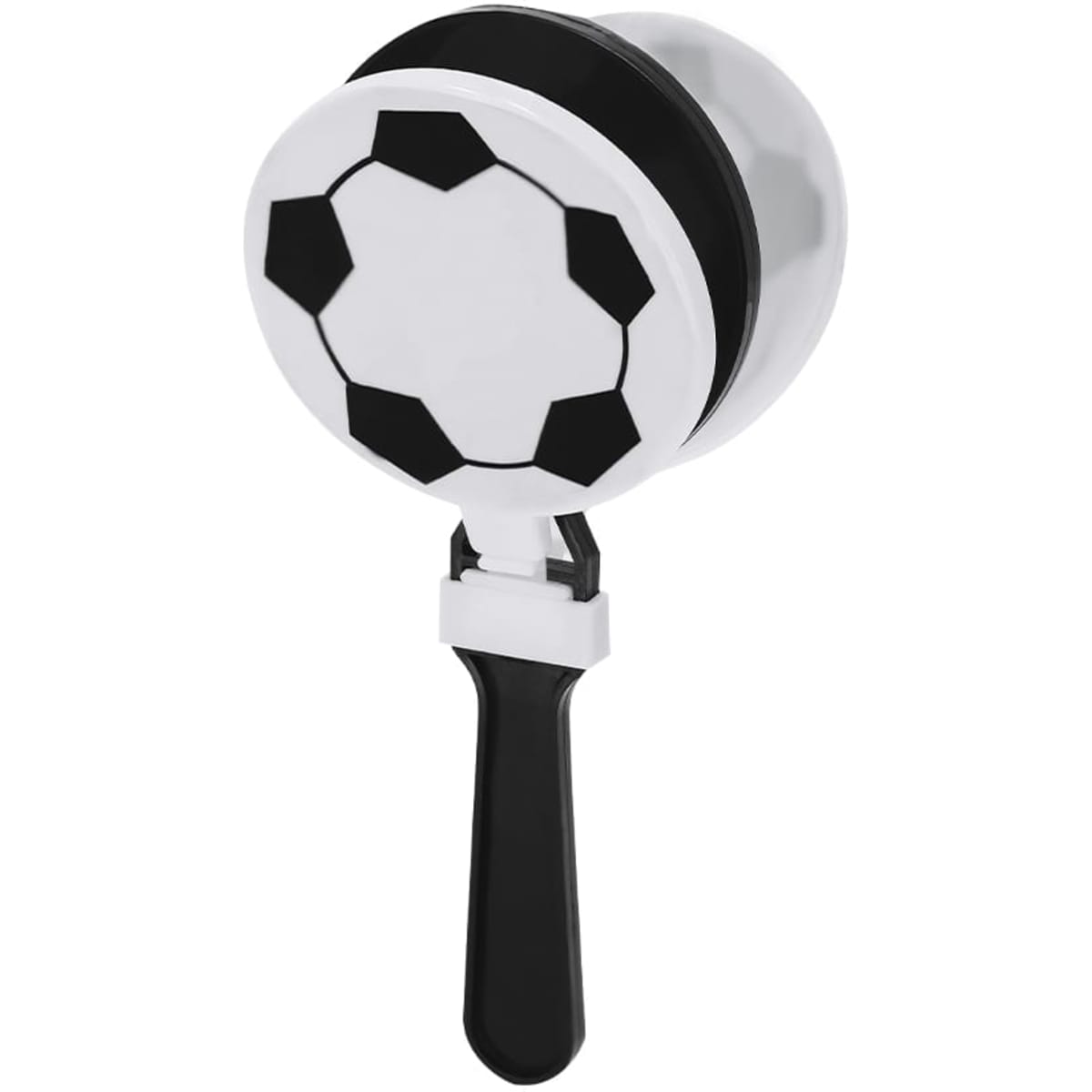 A novelty clapper in black and white, designed to resemble a soccer ball, with a black handle.