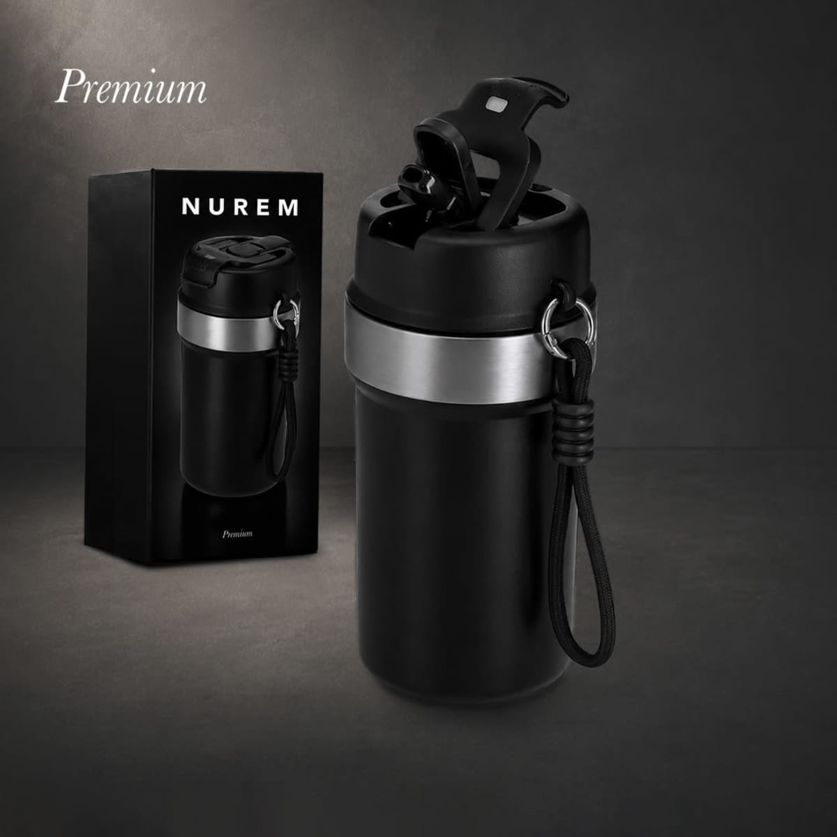 A drink bottle in matte black with a silver band, featuring a removable lid and a carrying strap, beside its packaging.