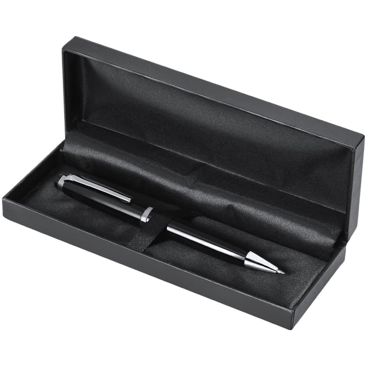A black and silver pen displayed in a black gift box with a soft interior lining. The box has a sleek design.