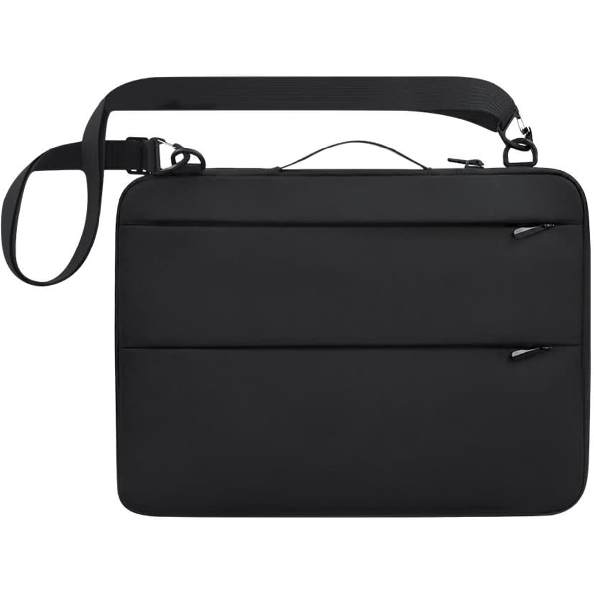 A black Elara Pouch with two zippered compartments and an adjustable strap. Features a handle on top.