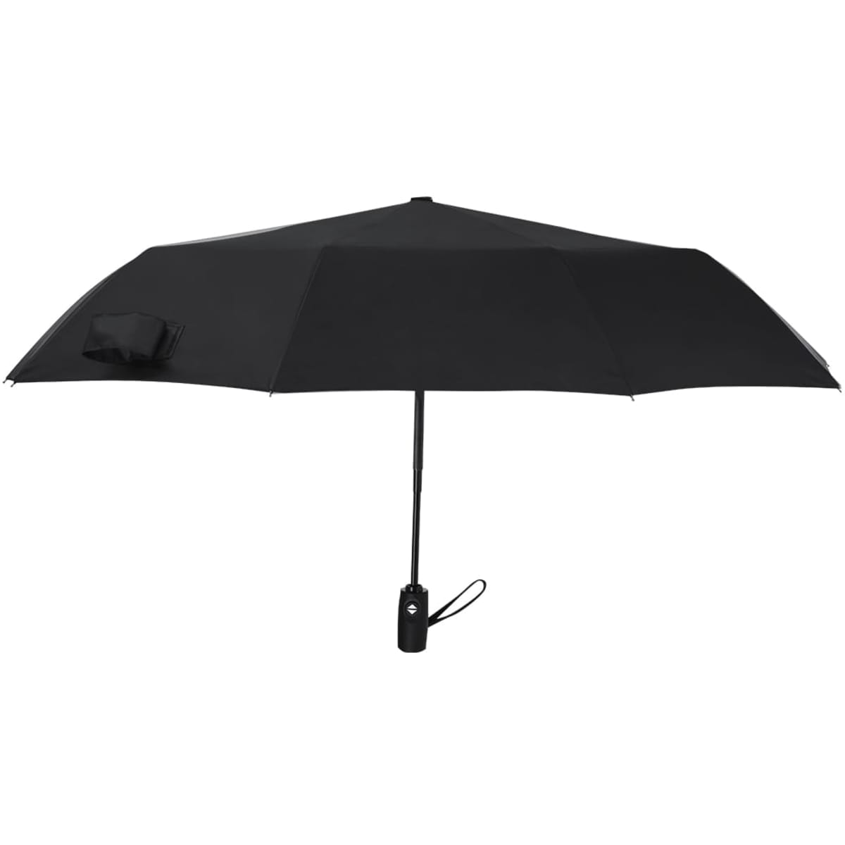 A black Ordan umbrella with a compact design and a handle featuring a branding logo.