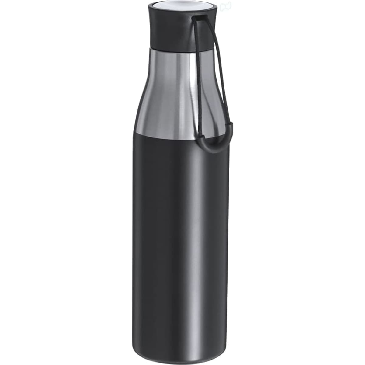 A drink bottle in stainless steel with a black matte finish and a looped lid. It features a branding logo.