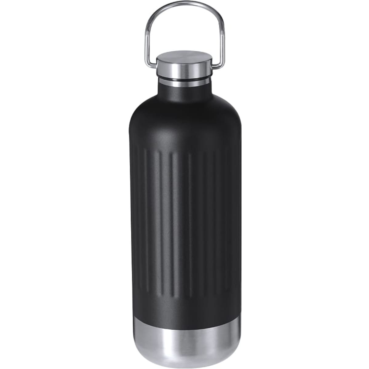 A drink bottle with a matte black finish and a stainless steel base, featuring a metal handle and ribbed design.