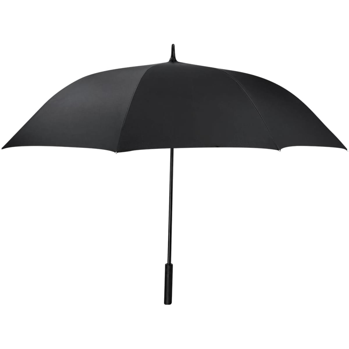 A black umbrella with a sturdy handle and a smooth canopy, featuring a logo on the shaft.